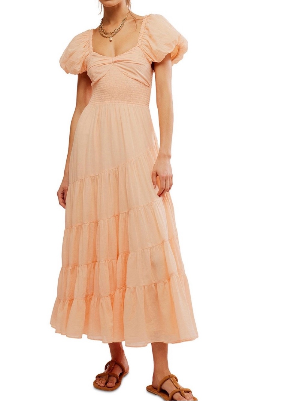 New FREE PEOPLE Sundrenched Smocked Puff Sleeve Maxi Dress color Peach - Medium